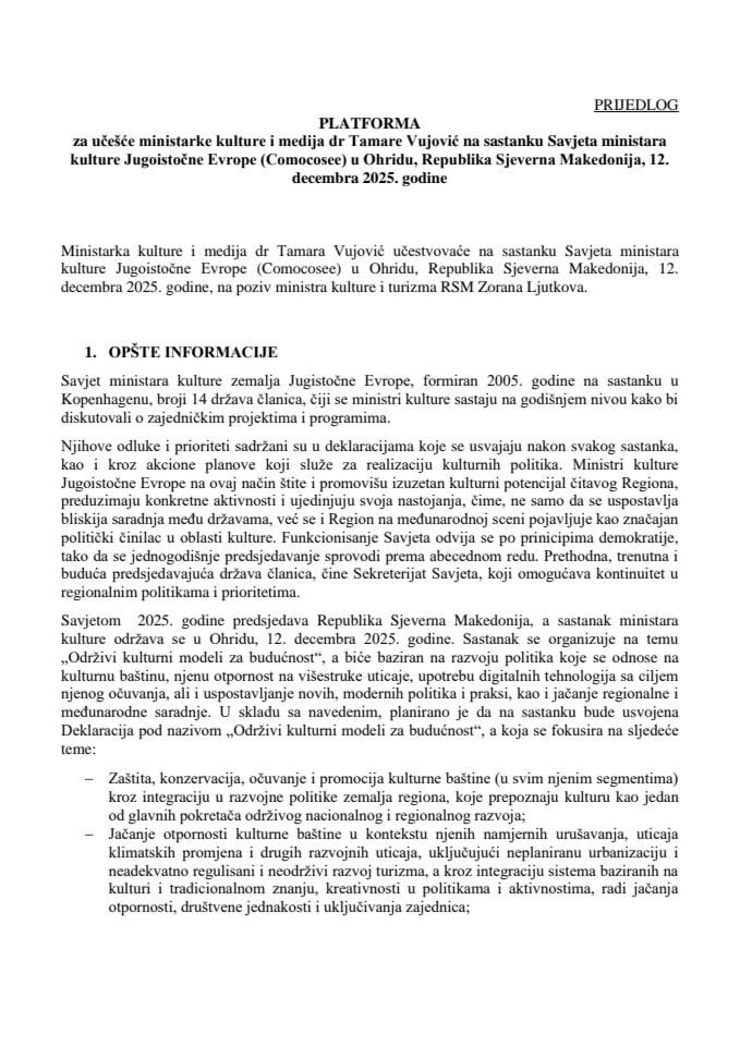 Predlog platforme za učešće ministarke kulture i medija dr Tamare Vujović na sastanku Savjeta ministara kulture Jugoistočne Evrope (Comocosee) u Ohridu, Republika Sjeverna Makedonija, 12. decembra 2025. godine