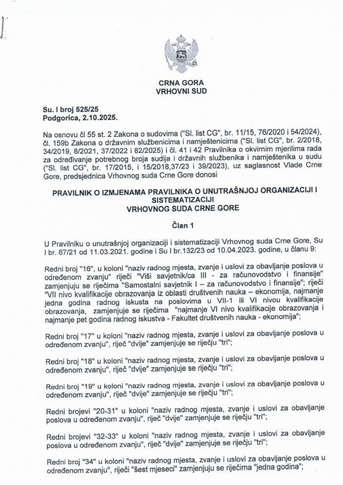 Предлог правилника о измјенама Правилника о унутрашњој организацији и систематизацији Врховног суда Црне Горе