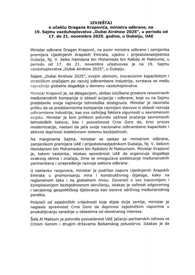 Извјештај о учешћу Драгана Краповића, министра одбране, на 19. Сајму ваздухопловства „Dubai Airshow 2025“, у периоду од 17. до 21. новембра 2025. године, у Дубаију, УАЕ