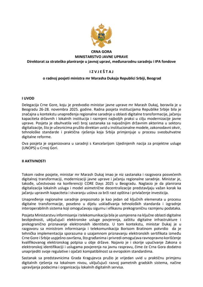 Izvještaj o radnoj posjeti ministra mr Marasha Dukaja Republici Srbiji, Beograd