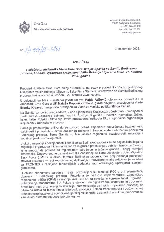 Izvještaj o učešću predsjednika Vlade Crne Gore Milojka Spajića na Samitu Berlinskog procesa, London, Ujedinjeno Kraljevstvo Velike Britanije i Sjeverne Irske, 22. oktobra 2025. godine