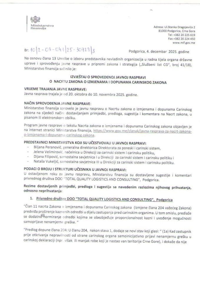 Izvještaj o sprovedenoj javnoj raspravi o Nacrtu zakona o izmjenama i dopunama Carinskog zakona