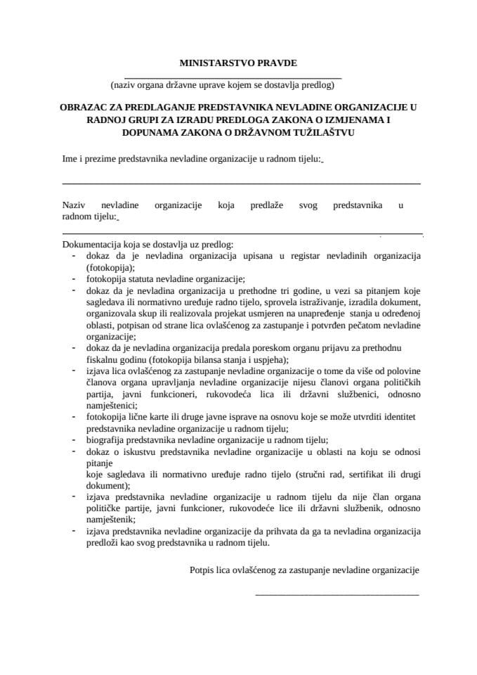 OBRAZAC ZA PREDLAGANJE PREDSTAVNIKA NEVLADINE ORGANIZACIJE