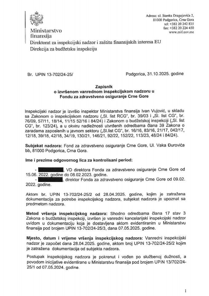 Zapisnik o izvršenom vanrednom inspekcijskom nadzoru u Fondu za zdravstveno osiguranje Crne Gore