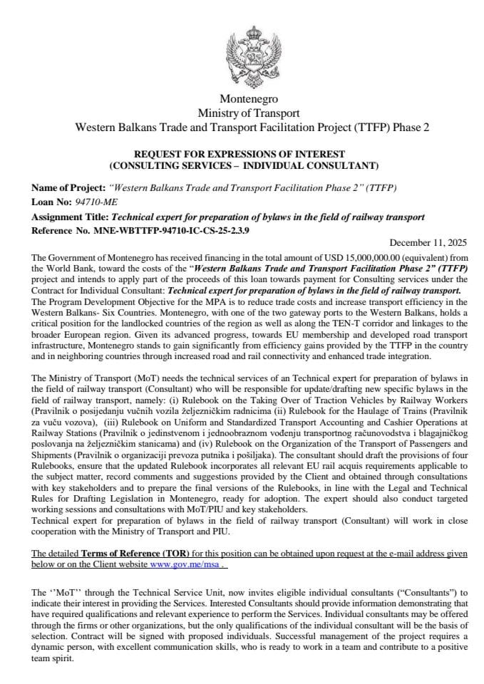 SPN_ReOI_ Technical expert for drafting bylaws in railway sector