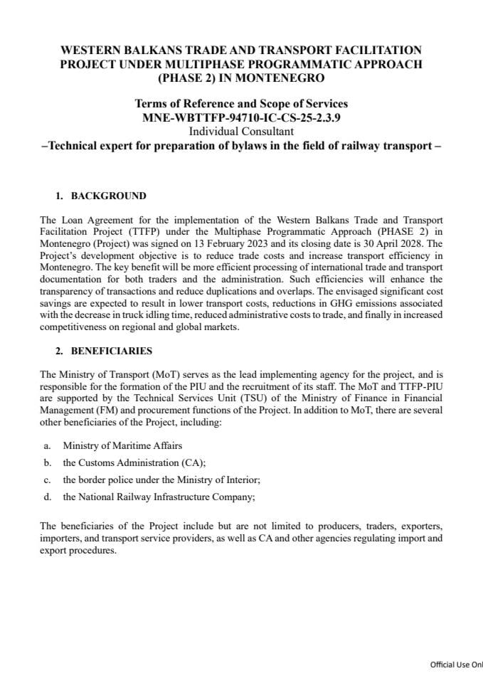 TOR_WBTTF_MNE_411_ToR_IC TE_preparation of bylaws in Railway sector EN