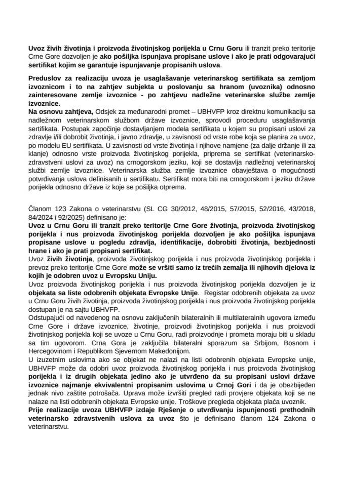 Procedura uvoza živih životinja i proizvoda životinjskog porijekla