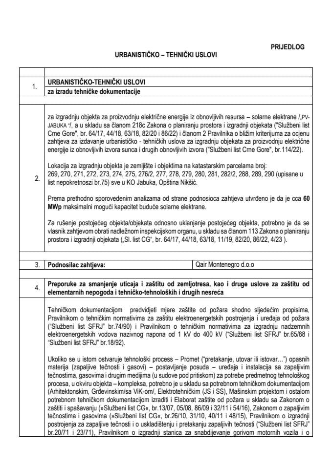 Predlog urbanističko-tehničkih uslova za izradu tehničke dokumentacije za izgradnju objekta za proizvodnju električne energije iz obnovljivih resursa – solarne elektrane „SE Jabuka“ u skladu sa članom 218c Zakona o planiranju prostora i izgradnji objekata