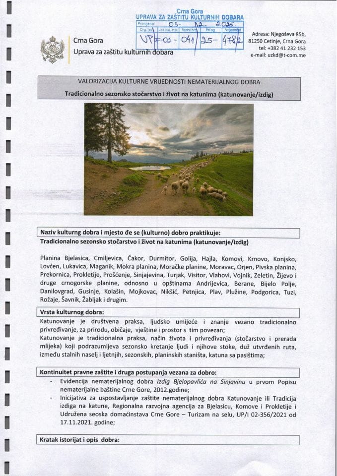 Elaborat o valorizaciji kulturne vrijednosti nematerijalnog dobra Tradicionalno sezonsko stočarstvo i život na katunima (katunovanje-izdig)