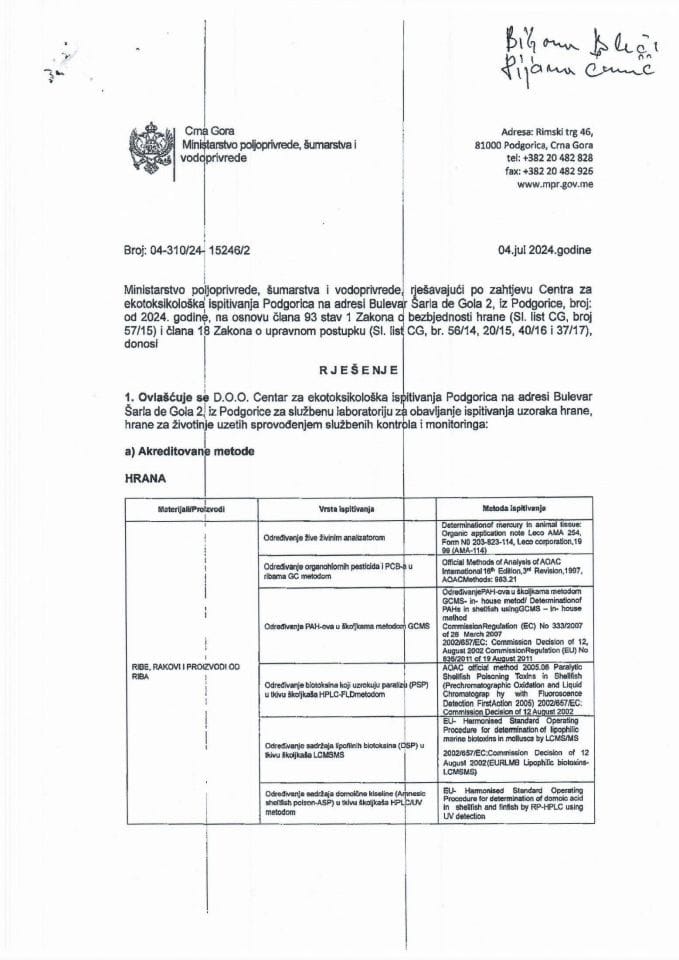 Rješenje Centar za ekotoksikološka ispitivanja Podgorica