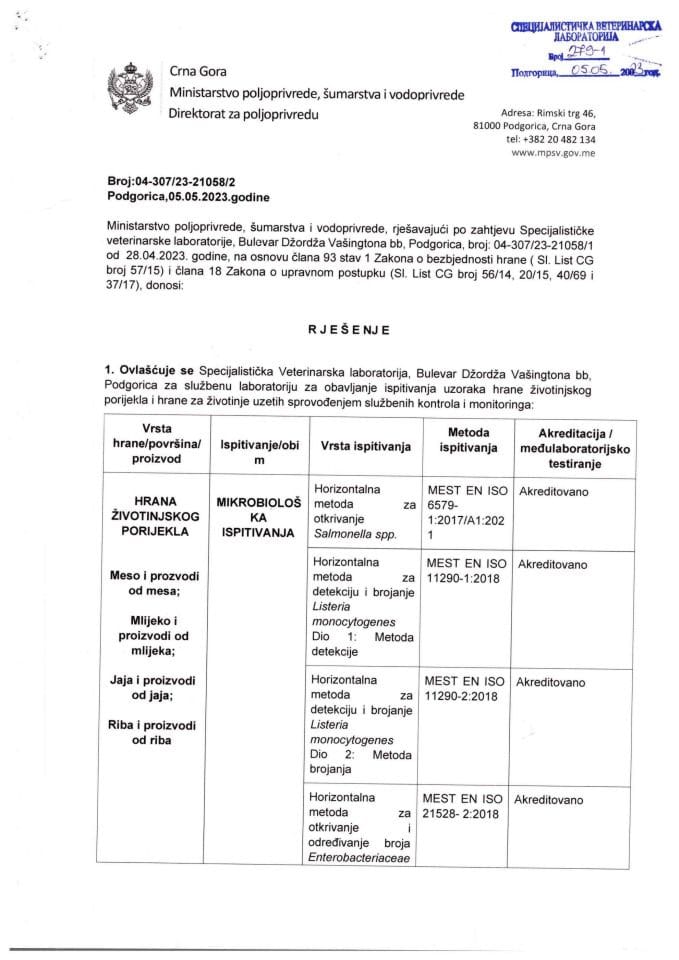 Rješenje Specijalistička veterinarska laboratorija Podgorica