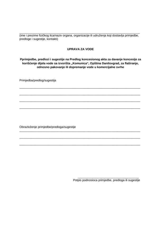 Obrazac za dostavljanje predloga i sugestija na Predlog koncesionog akta