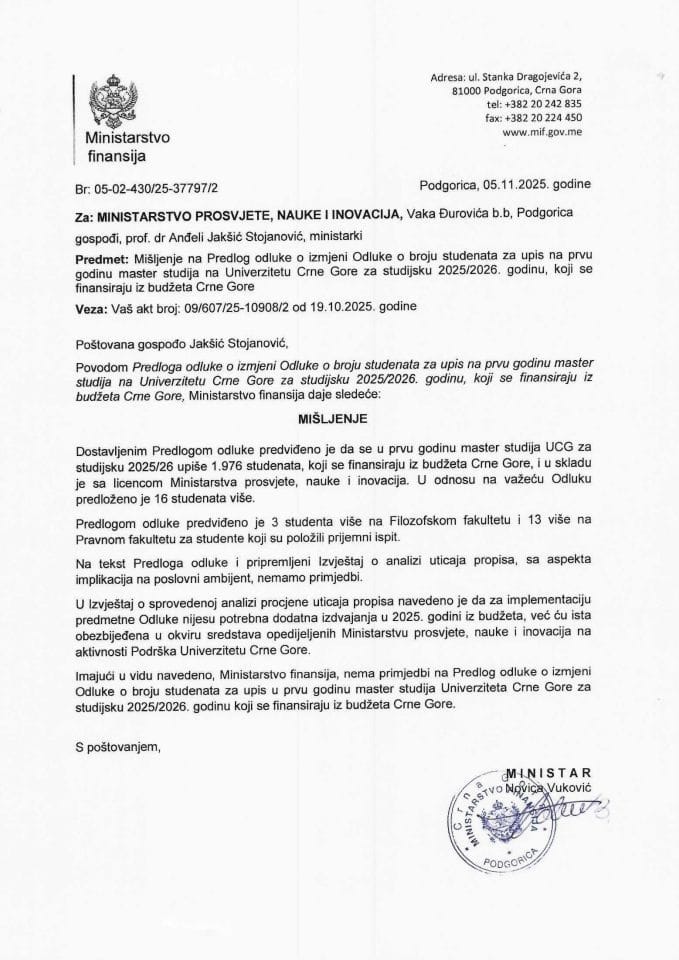Mišljenje na Predlog odluke o izmjeni Odluke o broju studenata za upis na prvu godinu master studija na UCG za studijsku 2025 2026. godinu