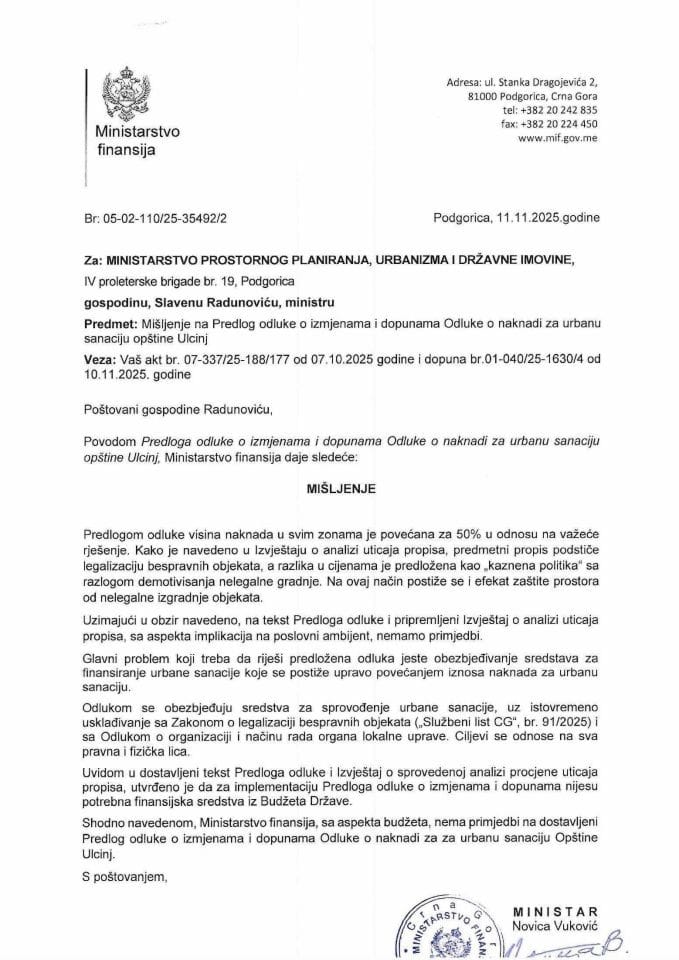 Mišljenje na Predlog odluke o izmjenama i dopunama Odluke o naknadi za urbanu sanaciju opštine Ulcinj