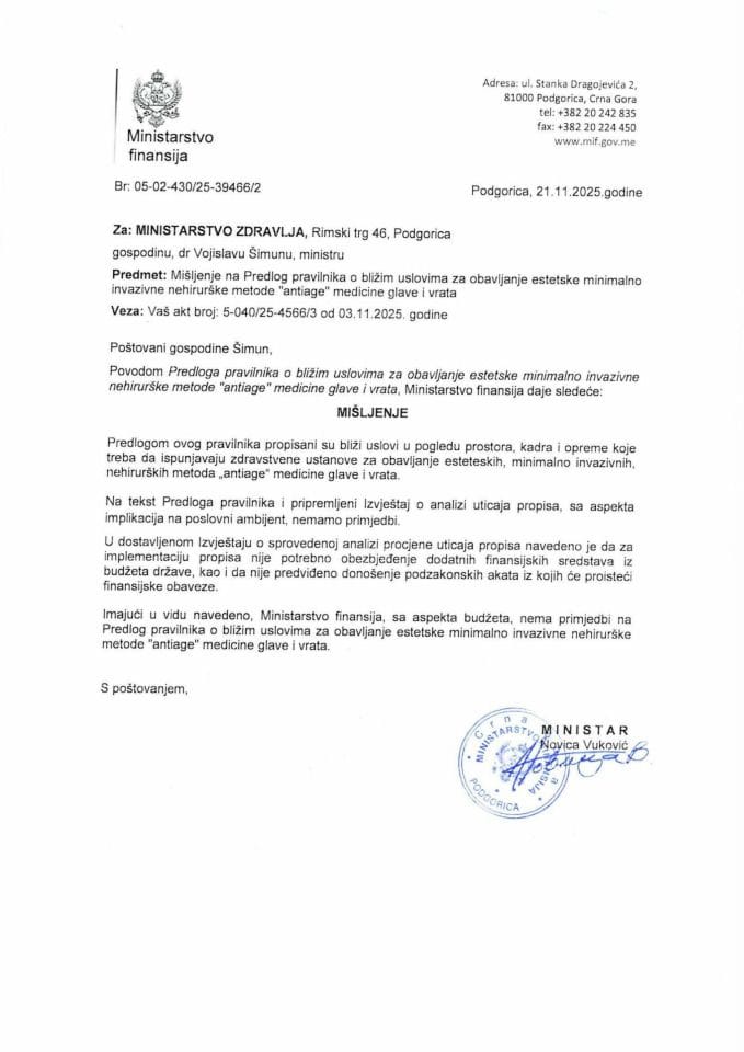 Mišljenje na Predlog pravilnika o bližim uslovima za obavljanje estetske minimalno invazivne