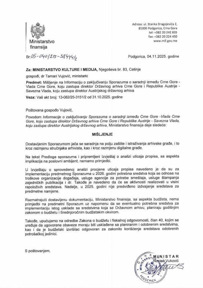 Mišljenje na Informaciju o zaključivanju Sporazuma o saradnji između Crne Gore -Vlada Crne Gore i Republike Austrije - Savezna Vlada