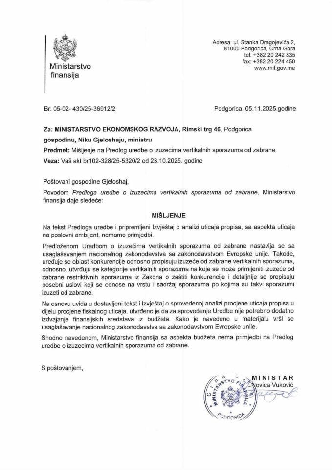 Mišljenje na Predlog uredbe o izuzecima vertikalnih sporazuma od zabrane