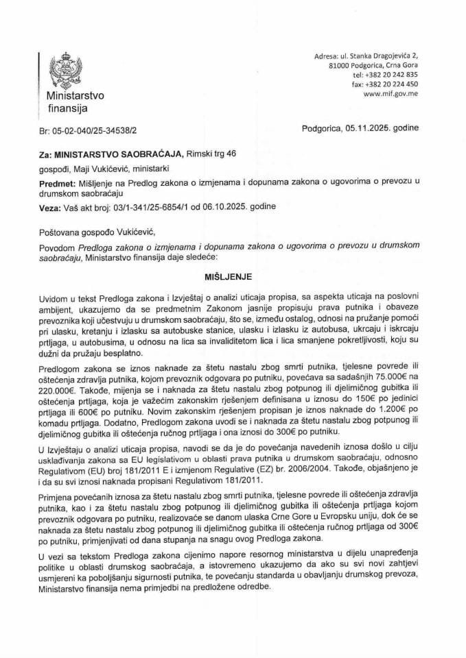 Mišljenje na Predlog zakona o izmjenama i dopunama Zakona o ugovorima o prevozu u drumskom saobraćaju