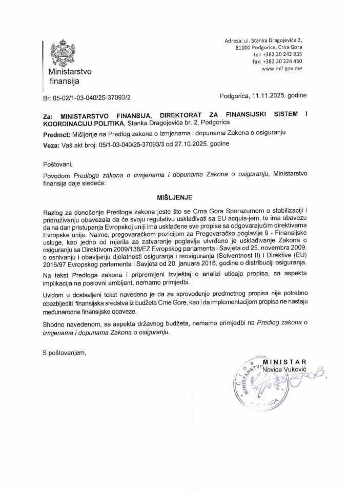 Mišljenje na Predlog zakona o izmjenama i dopunama Zakona o osiguranju