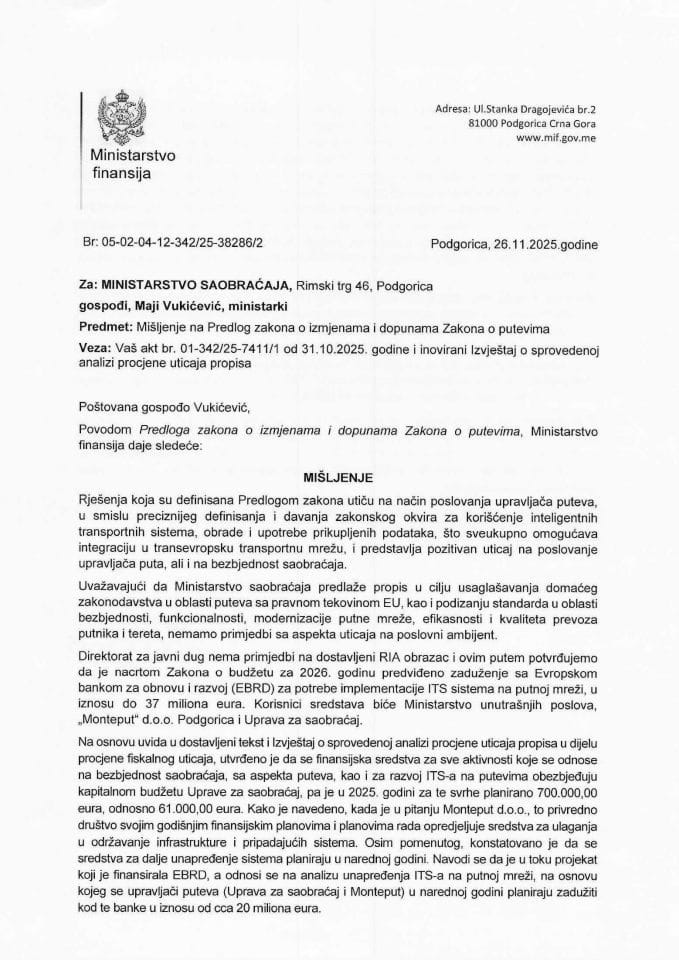 Mišljenje na Predlog zakona o putevima