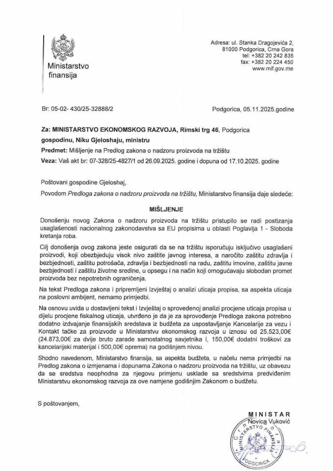 Mišljenje na Predlog zakona o izmjenama i dopunama Zakona o nadzoru proizvoda