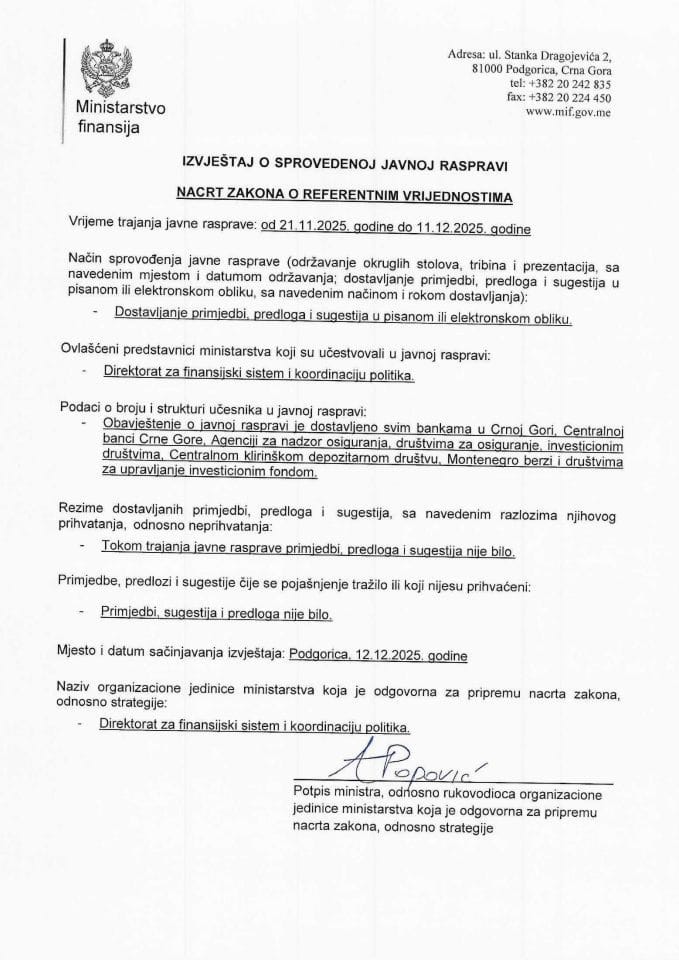 Izvještaj o sprovedenoj javnoj raspravi - Nacrt zakona o referentnim vrijednostima