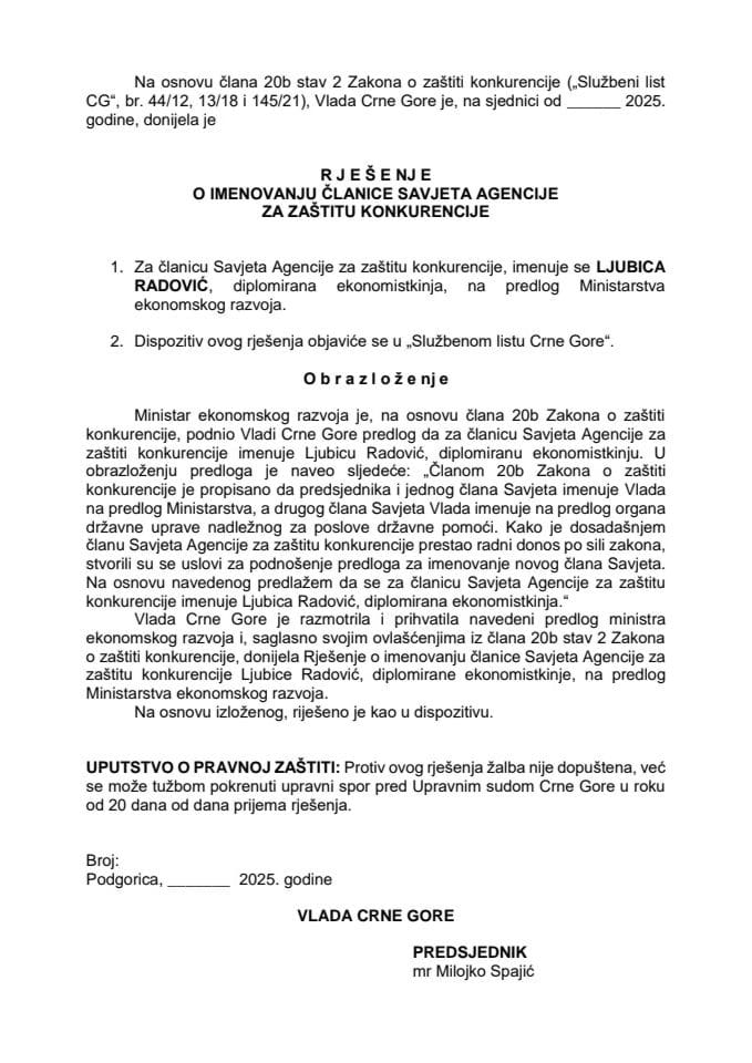 Predlog za imenovanje članice Savjeta Agencije za zaštitu konkurencije