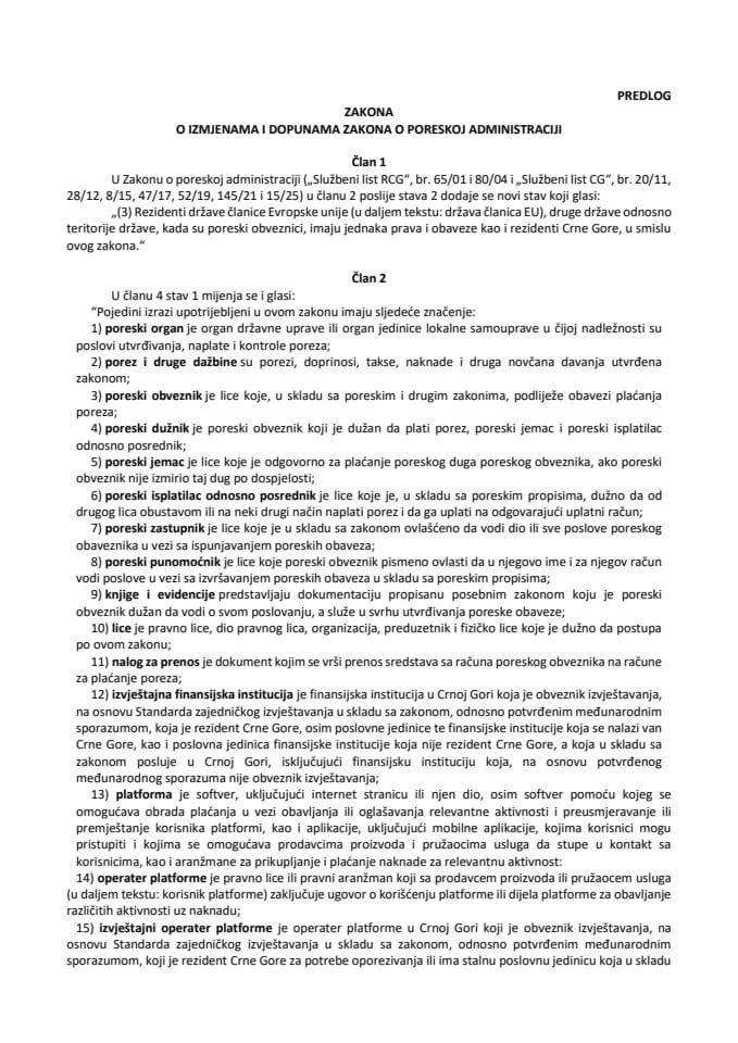 Predlog zakona o izmjenama i dopunama Zakona o poreskoj administraciji s Izvještajem sa javne rasprave