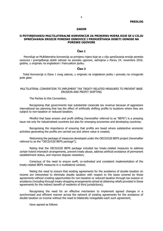 Predlog zakona o potvrđivanju Multilateralne konvencije za primjenu mjera koje se u cilju sprečavanja erozije poreske osnovice i premještanja dobiti odnose na poreske ugovore