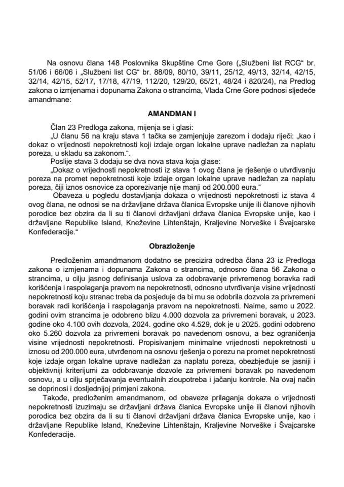 Predlog amandmana na Predlog zakona o izmjenama i dopunama Zakona o strancima