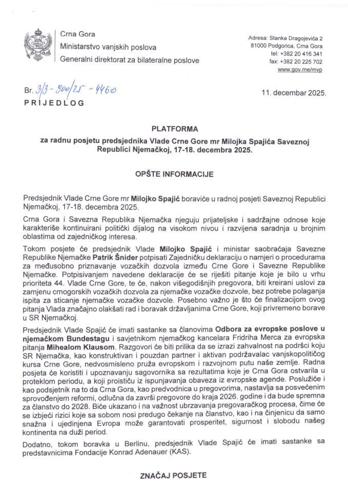 Predlog platforme za radnu posjetu predsjednika Vlade Crne Gore mr Milojka Spajića Saveznoj Republici Njemačkoj, 17-18. decembra 2025. godine