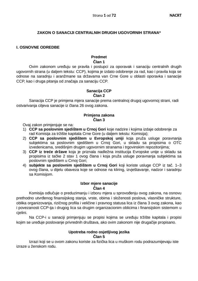 Nacrt zakona o sanaciji centralnih drugih ugovornih strana