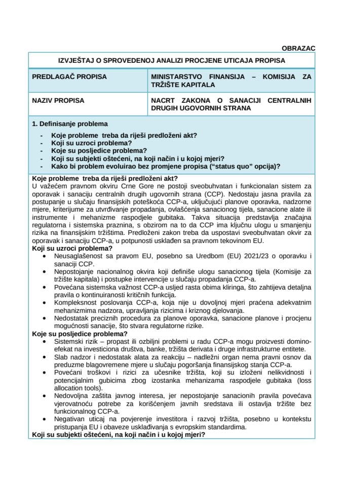 Izvještaj o sprovedenoj analizi procjene uticaja propisa (RIA)