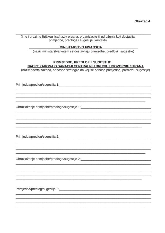 Obrazac za dostavljanje prijedloga, sugestija i komentara na Nacrt zakona