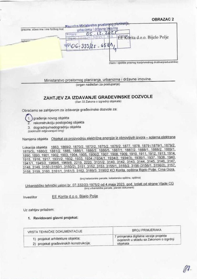 Zahtjevi za izdavanje građevinske dozvole - UPI_06_333_25_6581_1 EE KORITA DOO BIJELO POLJE
