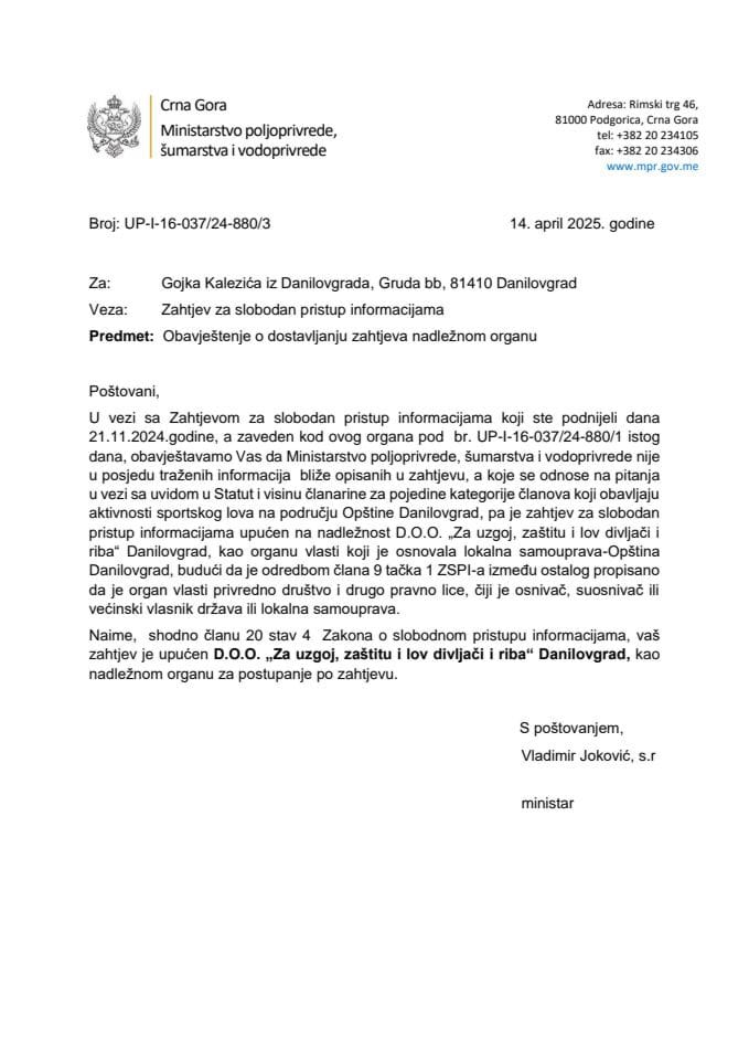 Obavještenje o dostavljanju Gojko Kalezić