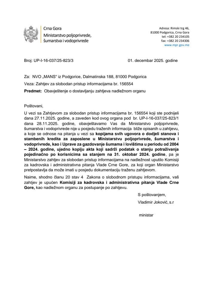 Obavještenje o dostavljanju NVO MANS BR. 165554