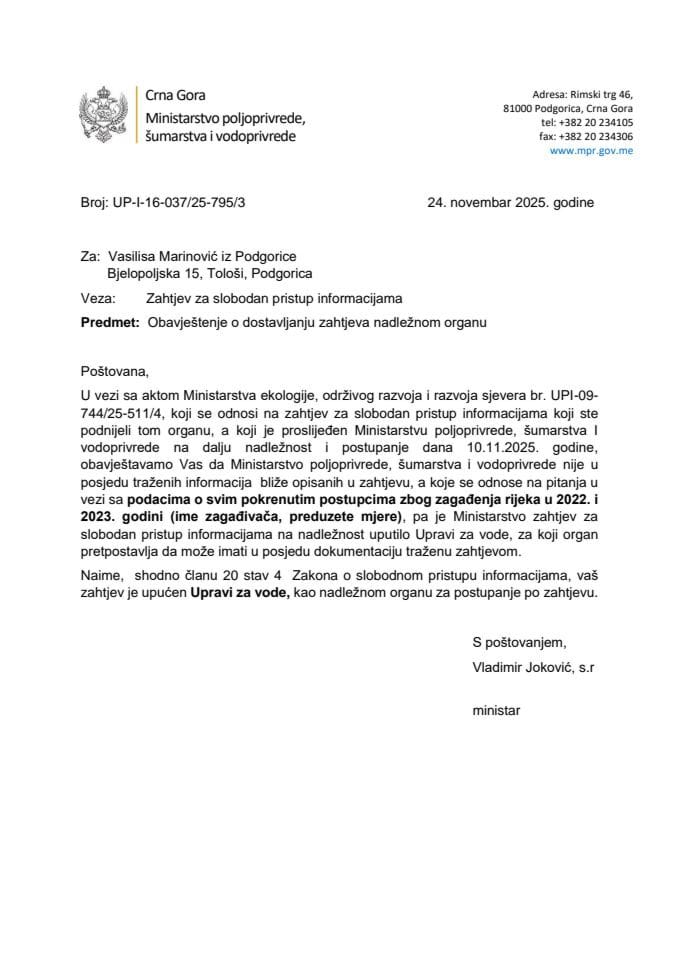 Obavještenje o dostavljanju Vasilisa Marinović br. UP-I-16-037-25-795-3