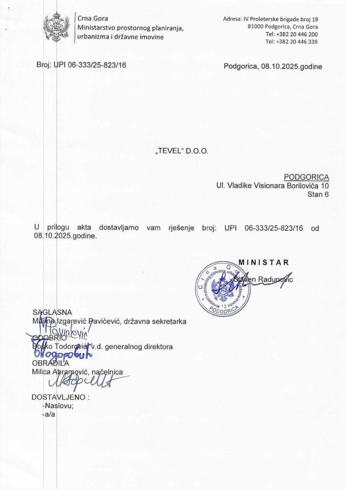 Odbijanje zahtjeva za izdavanje građevinske dozvole - UPI 06_333_25_823_16 Tevel D.O.O.
