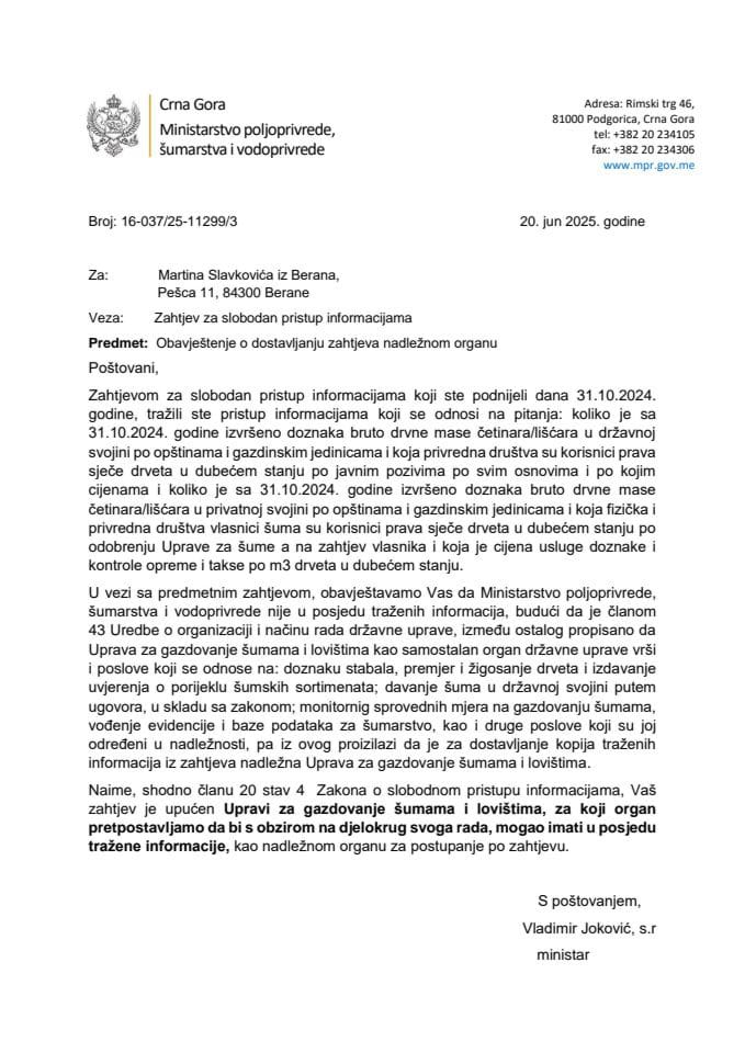 Obavještenje o dostavljanju zahtjeva Martin Slavković