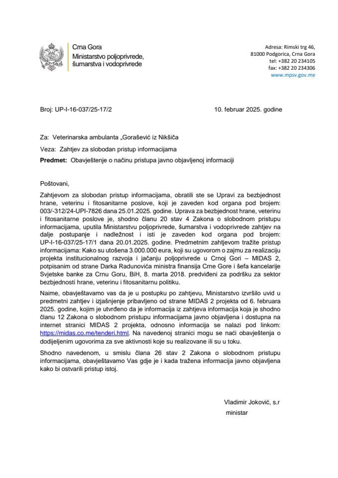 Obavjestenje o javno objavljenoj informaciji UP-I-16-037-25-17-2