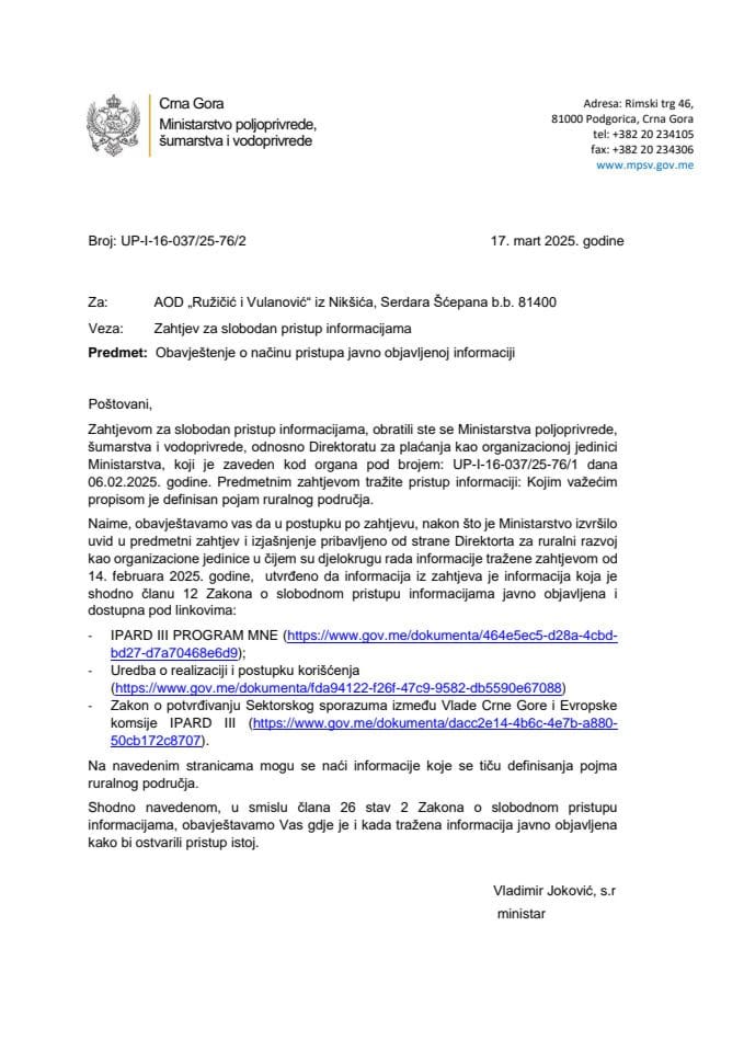 Obavjestenje o javno objavljenoj informaciji UP-I-16-037-25-76-2