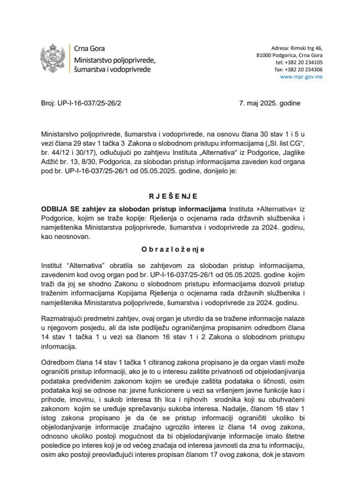 Odbijen zahtjev Alternativa UP-I-16-037-25-26-2