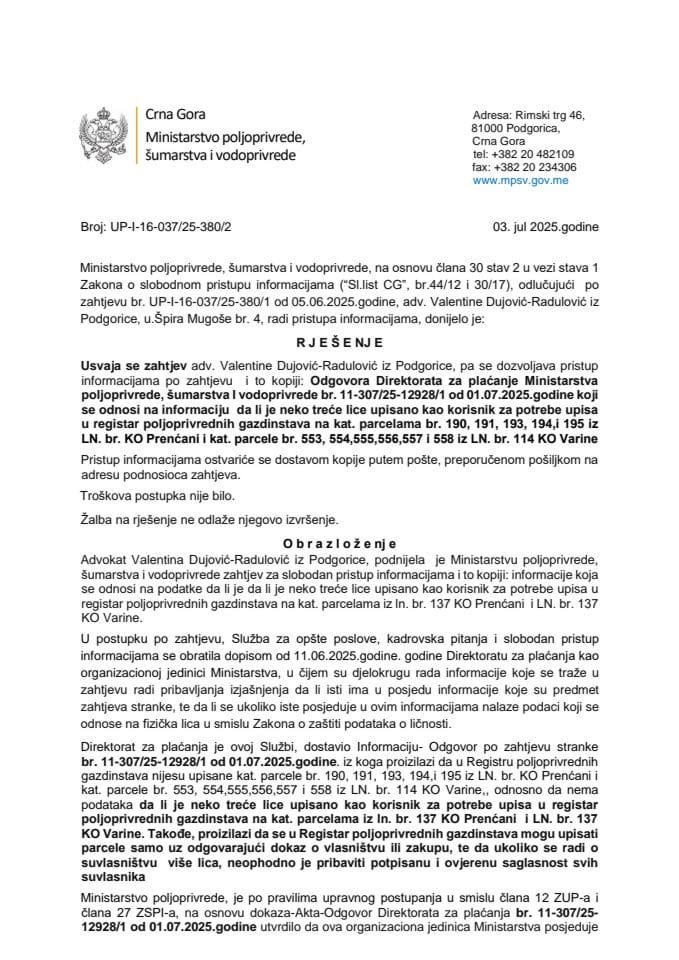 Rjesenje adv Dujović usvojen UP-I-16 -037-25-380-2