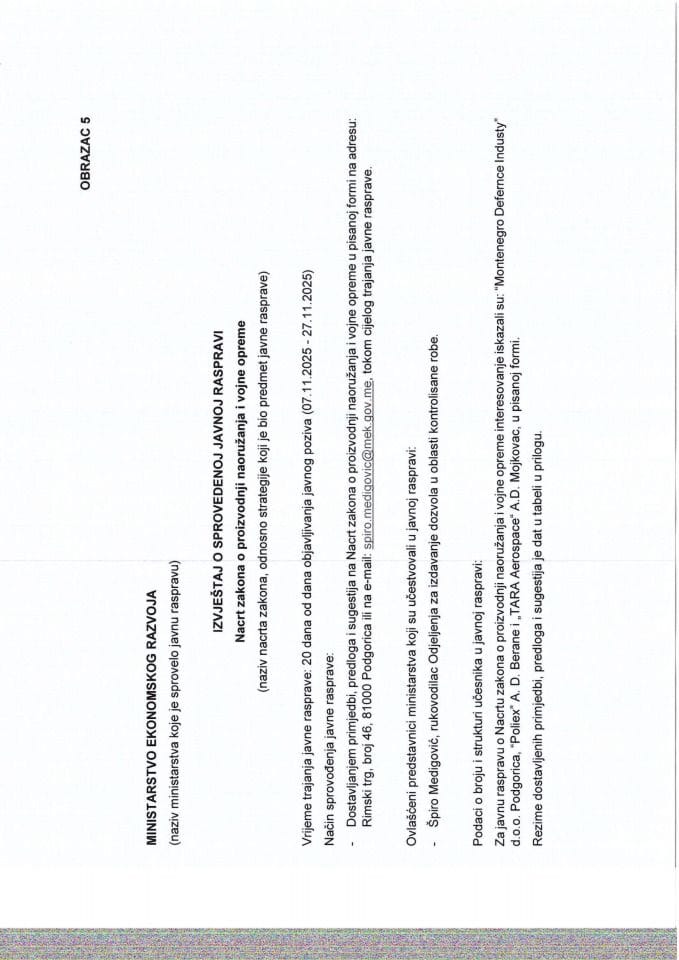 Izvještaj sa javne rasprave - Zakon o proizvodnji naoružanja i vojne opreme