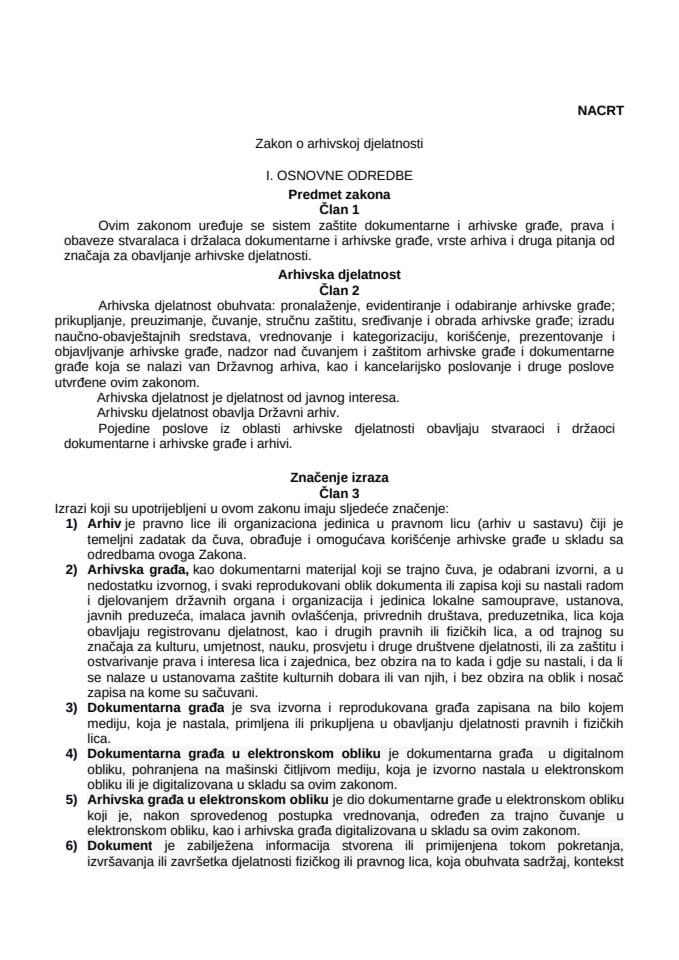 ZAKON O ARHIVSKOJ DJELATNOSTI - NOVI TEKST ZAKONA SA OBRAZLOŽENJEM