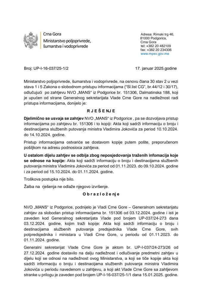 Rješenje djelimično usvojeno MANS  br. 151306