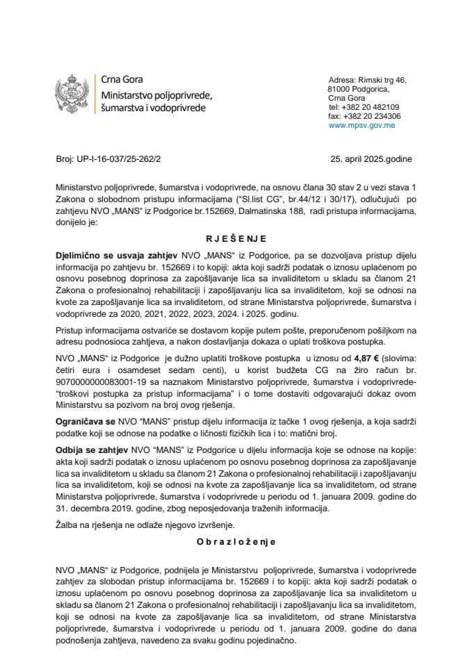 Rješenje MANS djelimično usvojen br. UP-I-16-037-25-289-2