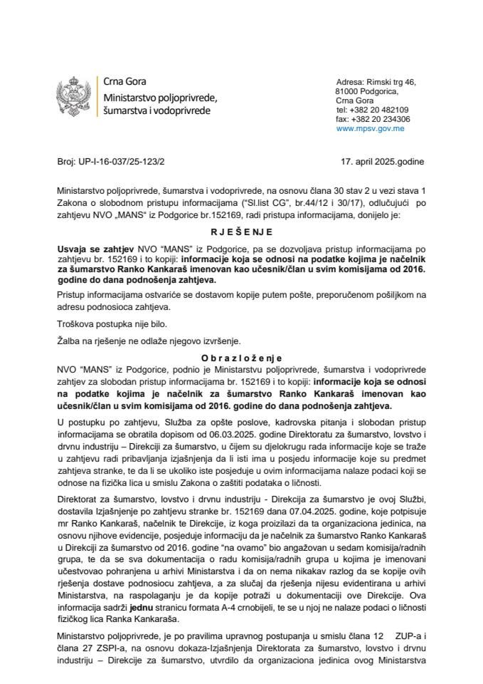 Rjesenje MANS usvojen br. 152169