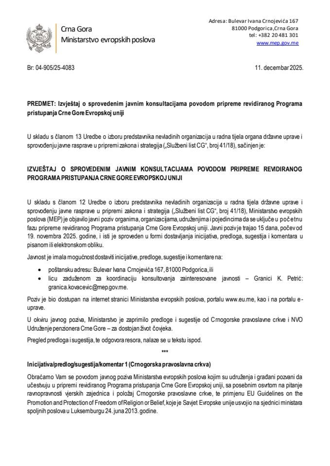 Извјештај о спроведеним јавним консултацијама поводом припреме ревидираног Програма приступања Црне Горе Европској унији
